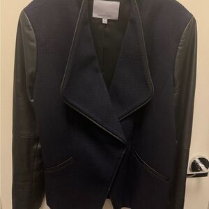 Calvin Klein Women's Navy and Black Blazer with Leather Sleeves